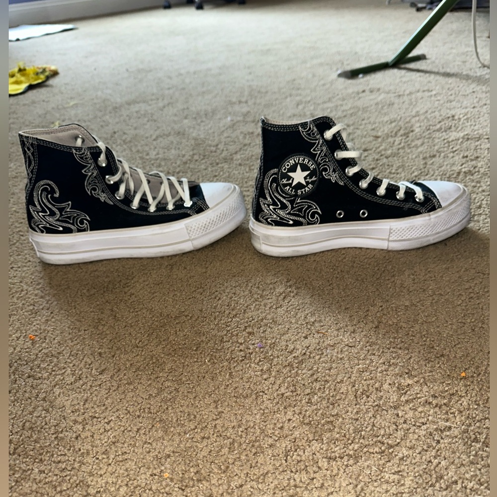 Converse Black and White Embroidered Platform High Tops